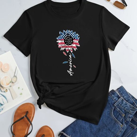 Tops - Flower American Flag Print T-shirt, Independence Day Short Sleeve Tee